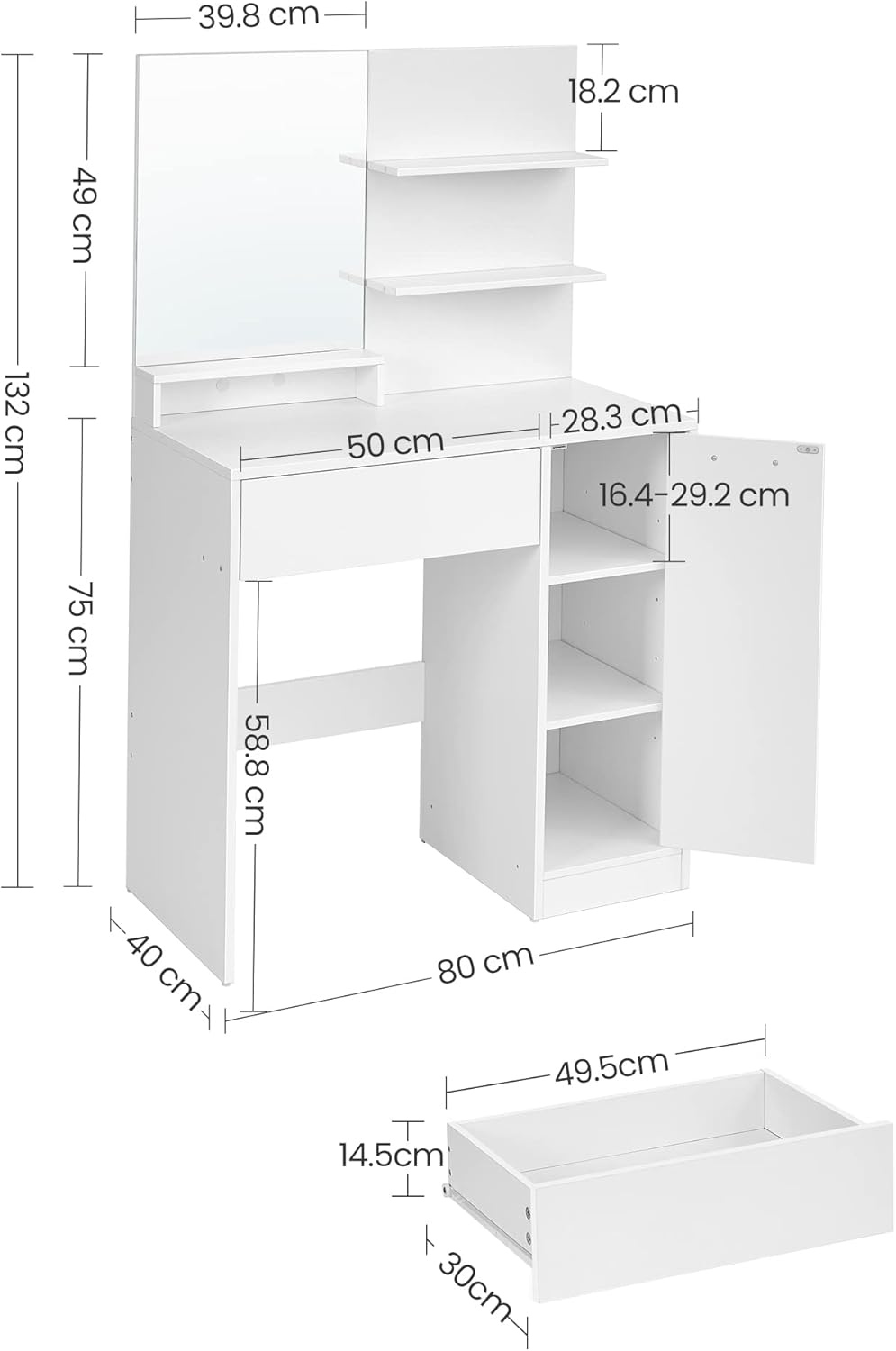 Modern Vanity Desk with Mirror, Drawer, Open Shelves and Storage Cabinet with Adjustable Shelves, Makeup Table White RDT119W01 - with | Sold by Uncle Wiener's Wholesale