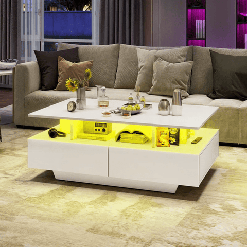 Modern White/Black Coffee Table with 4 Drawers & RGB LED Lights – Sleek Living Room Centerpiece - with Black | Sold by Uncle Wiener's Wholesale