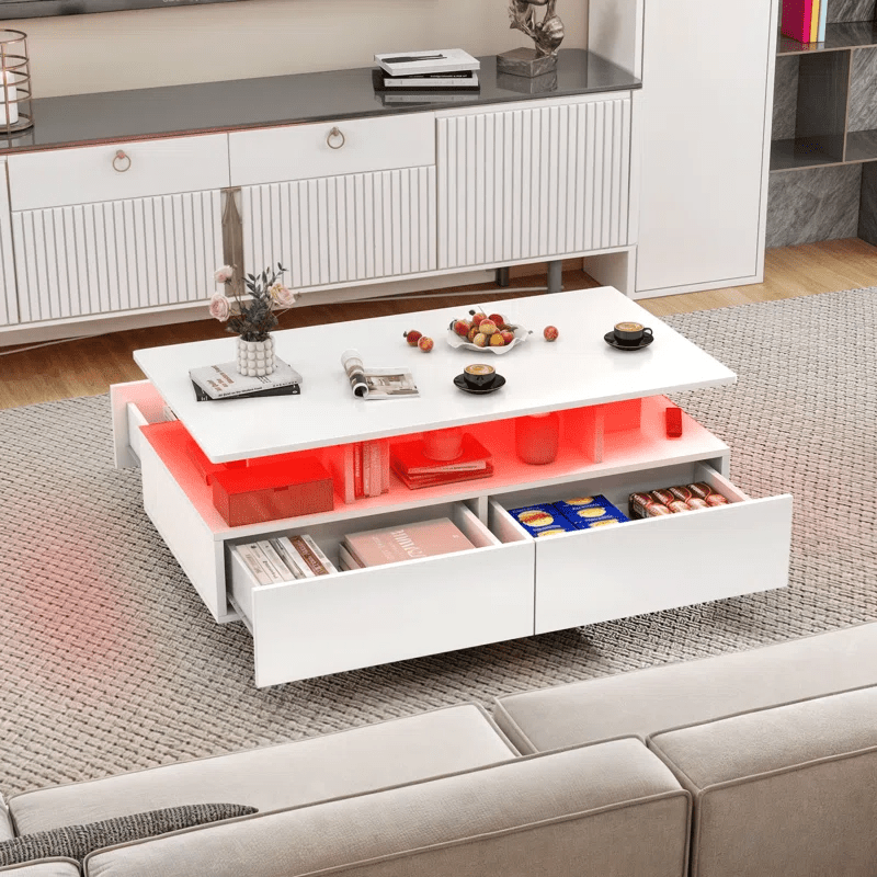 Modern White/Black Coffee Table with 4 Drawers & RGB LED Lights – Sleek Living Room Centerpiece - with White | Sold by Uncle Wiener's Wholesale
