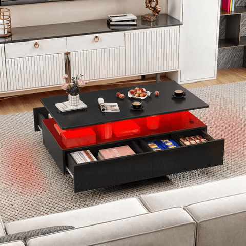 Modern White/Black Coffee Table with 4 Drawers & RGB LED Lights – Sleek Living Room Centerpiece - with Black | Sold by Uncle Wiener's Wholesale