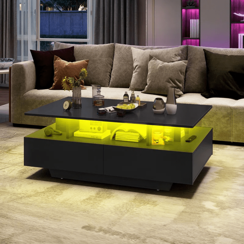 Modern White/Black Coffee Table with 4 Drawers & RGB LED Lights – Sleek Living Room Centerpiece - with Black | Sold by Uncle Wiener's Wholesale