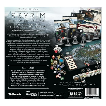 Skyrim The Adventure Game board game box front
Components of Skyrim board game laid out
Modiphius Skyrim game cards and tokens
Skyrim The Adventure Game in solo and co-op mode