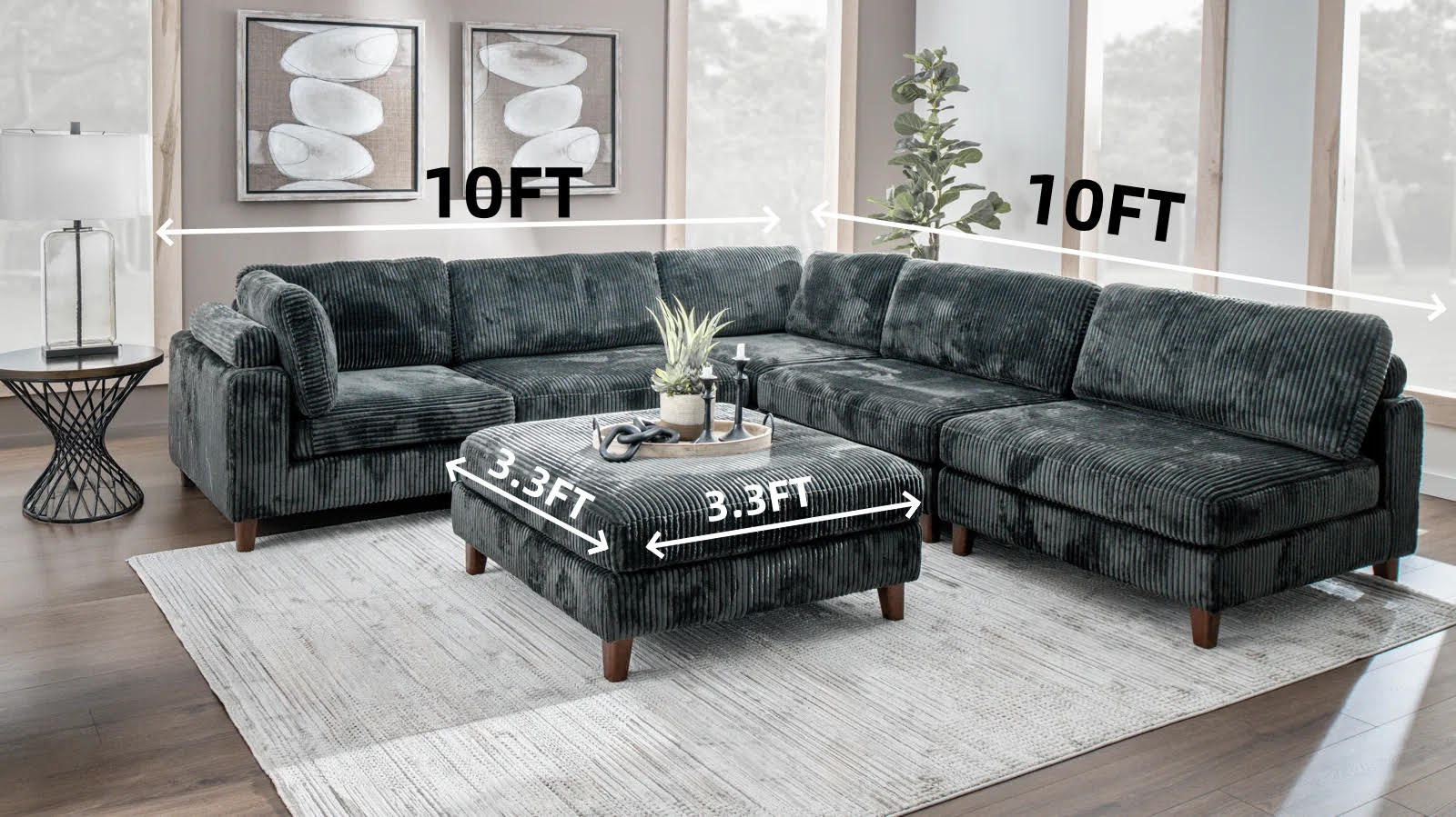 Modular 10ft Wide Corduroy Sofa – Modern Room Furniture with Plush Texture - with Light Gray | Sold by Uncle Wiener's Wholesale