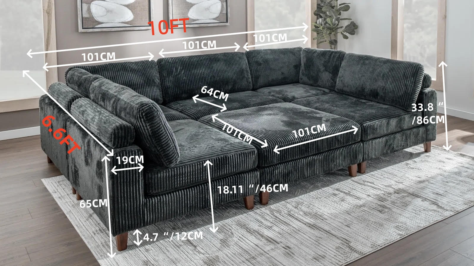 Modular 10ft Wide Corduroy Sofa – Modern Room Furniture with Plush Texture - with Light Gray | Sold by Uncle Wiener's Wholesale