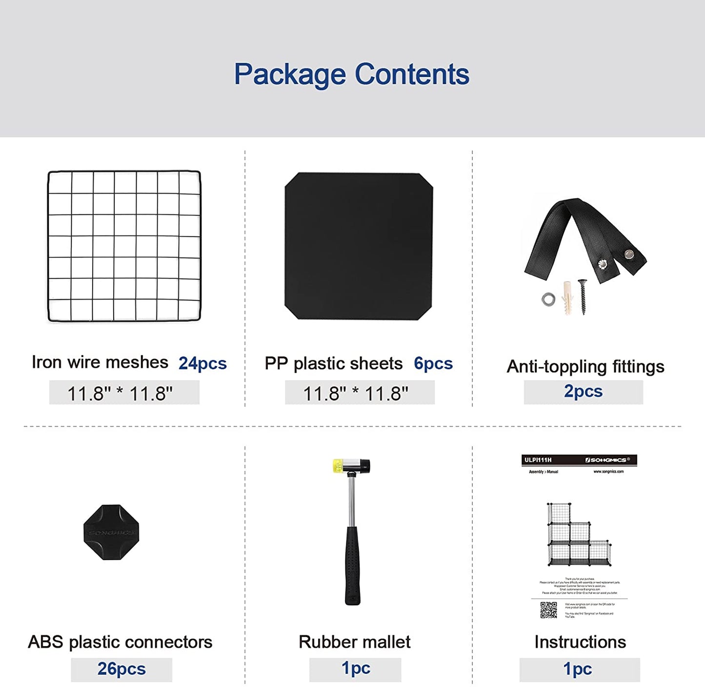 Layout and sizing chart for modular 6-cube metal shelf organizer