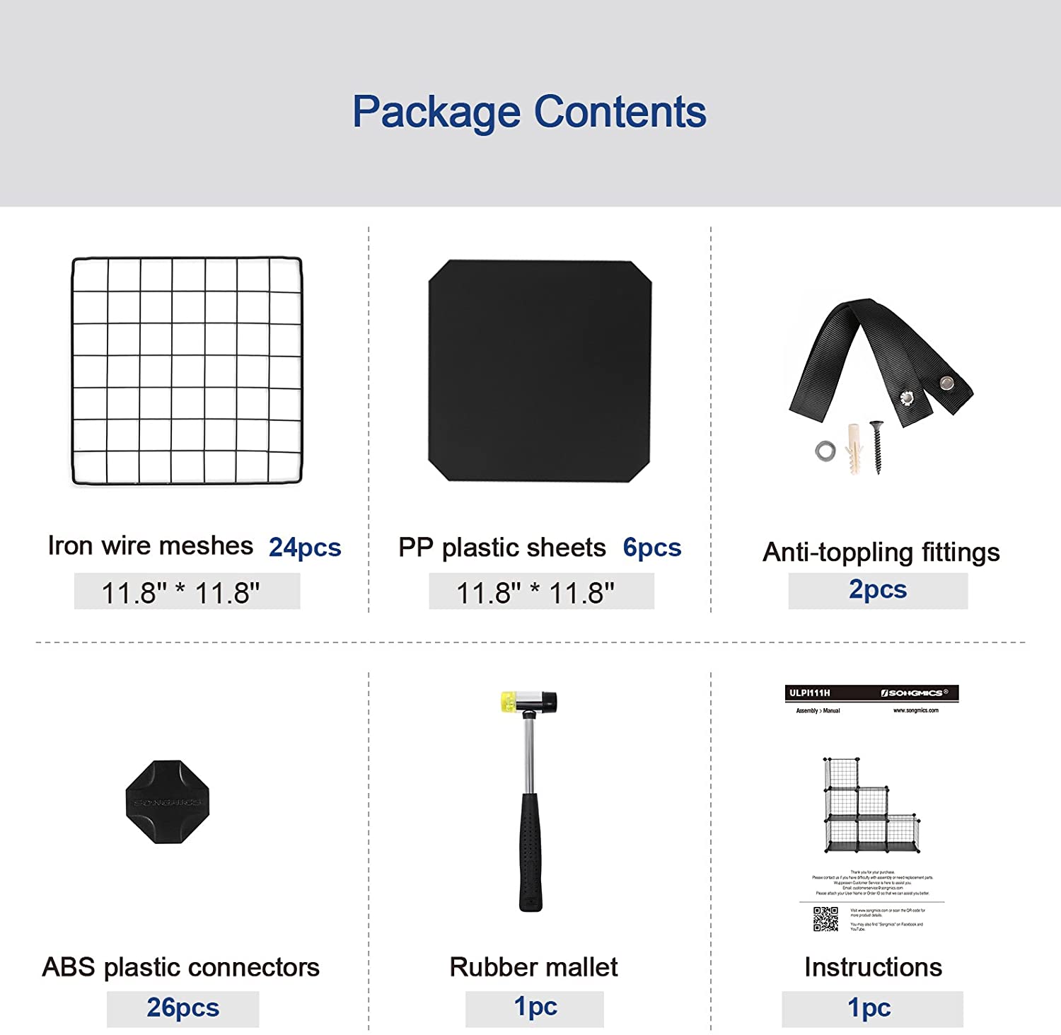 Layout and sizing chart for modular 6-cube metal shelf organizer