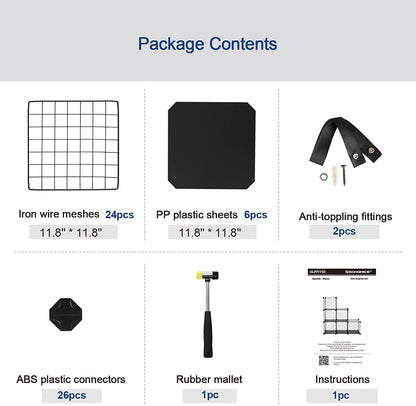 Layout and sizing chart for modular 6-cube metal shelf organizer