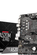 Top-down view of MSI A520M-A PRO Micro-ATX motherboard with PCIe and M.2 slots