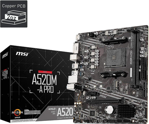 Top-down view of MSI A520M-A PRO Micro-ATX motherboard with PCIe and M.2 slots