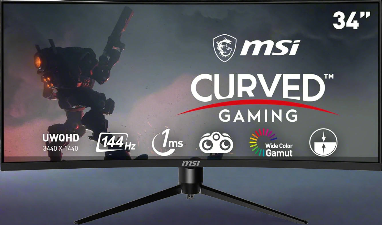 MSI Optix MAG342CQR front view with RGB lighting and curved screen

Highlight showing 144Hz and 1ms features

Mystic Light RGB rear panel close-up

1500R curvature immersive setup display

FPS/Racing/RPG in-game visual demo on UltraWide screen
