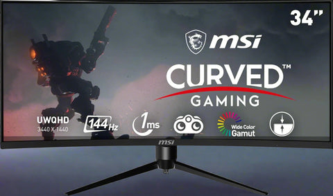 MSI Optix MAG342CQR front view with RGB lighting and curved screen

Highlight showing 144Hz and 1ms features

Mystic Light RGB rear panel close-up

1500R curvature immersive setup display

FPS/Racing/RPG in-game visual demo on UltraWide screen