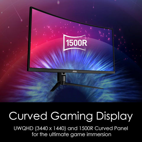 MSI Optix MAG342CQR front view with RGB lighting and curved screen

Highlight showing 144Hz and 1ms features

Mystic Light RGB rear panel close-up

1500R curvature immersive setup display

FPS/Racing/RPG in-game visual demo on UltraWide screen