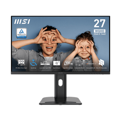 MSI Pro MP273QP E2 monitor front view showing QHD clarity

Side view of MSI 27" IPS monitor with slim bezel design

Rear VESA-mountable setup with cable management

100Hz refresh rate, FreeSync and Eye-Q Check certification

Black variant showing clean desk setup