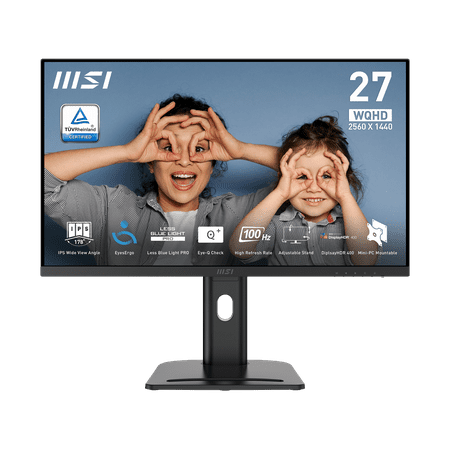 MSI Pro MP273QP E2 monitor front view showing QHD clarity

Side view of MSI 27" IPS monitor with slim bezel design

Rear VESA-mountable setup with cable management

100Hz refresh rate, FreeSync and Eye-Q Check certification

Black variant showing clean desk setup