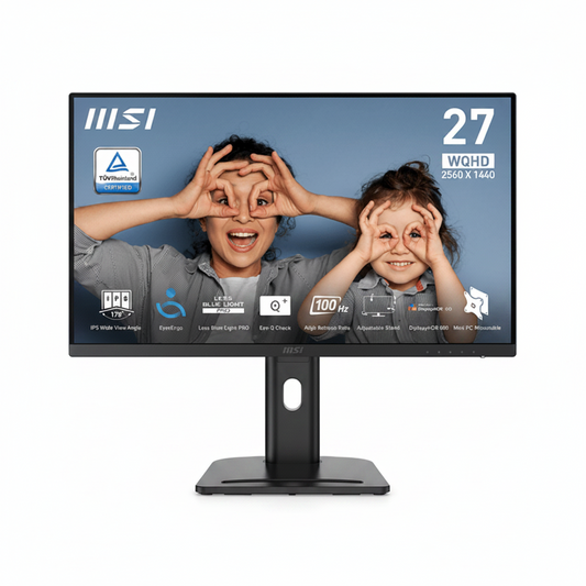MSI Pro MP273QP E2 monitor front view showing QHD clarity

Side view of MSI 27" IPS monitor with slim bezel design

Rear VESA-mountable setup with cable management

100Hz refresh rate, FreeSync and Eye-Q Check certification

Black variant showing clean desk setup