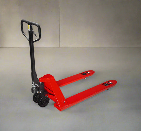 Narrow body red pallet jack with 5500 lb capacity for warehouse use (PJ550N)