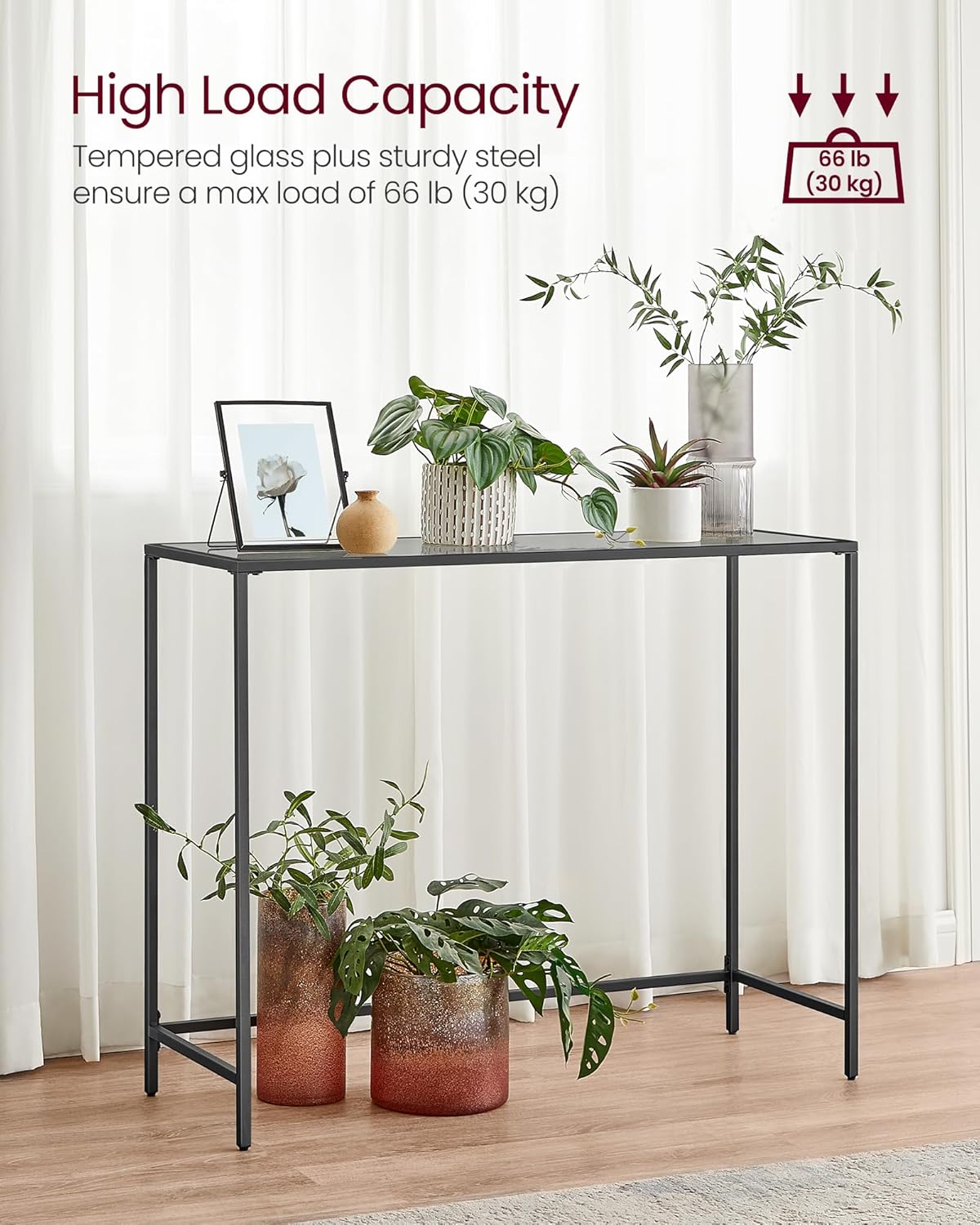 Narrow Console Table with Tempered Glass Top, Modern Sofa Table, Entryway Table for Hallway, Living Room and Foyer Ink Black and Slate Grey LGT132B01 - with | Sold by Uncle Wiener's Wholesale
