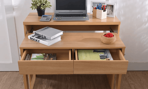 Natural Wood 2 - Drawer Extendable Desk – Oak & Black 415520 - with | Sold by Uncle Wiener's Wholesale