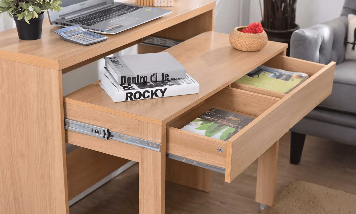 Natural Wood 2 - Drawer Extendable Desk – Oak & Black 415520 - with | Sold by Uncle Wiener's Wholesale