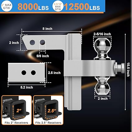 NenNicht Adjustable Trailer Hitch 8 Inch Drop Rise 2 Inch Receiver Aluminum Tow Hitch with Dual Ball - with | Sold by Uncle Wiener's Wholesale