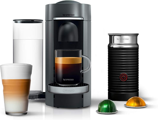 Nespresso VertuoPlus Deluxe Coffee & Espresso Machine with Aeroccino Milk Frother – Titanium (44387051552) - with | Sold by Uncle Wiener's Wholesale