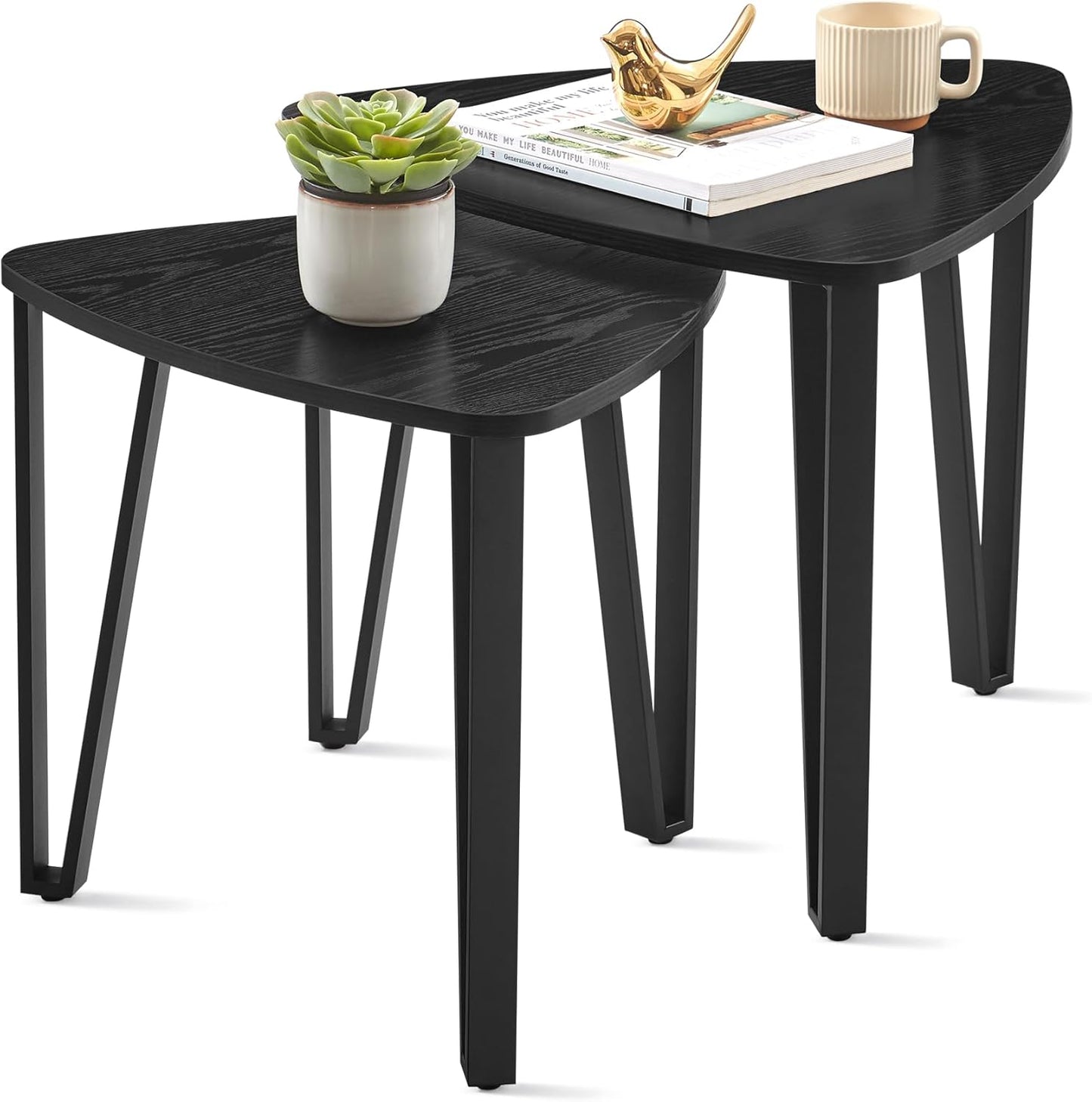 Nesting Triangle End Tables Set of 2, Industrial Coffee Tables and Accent Side Tables for Living Room and Bedroom - with Ebony Black | Sold by Uncle Wiener's Wholesale