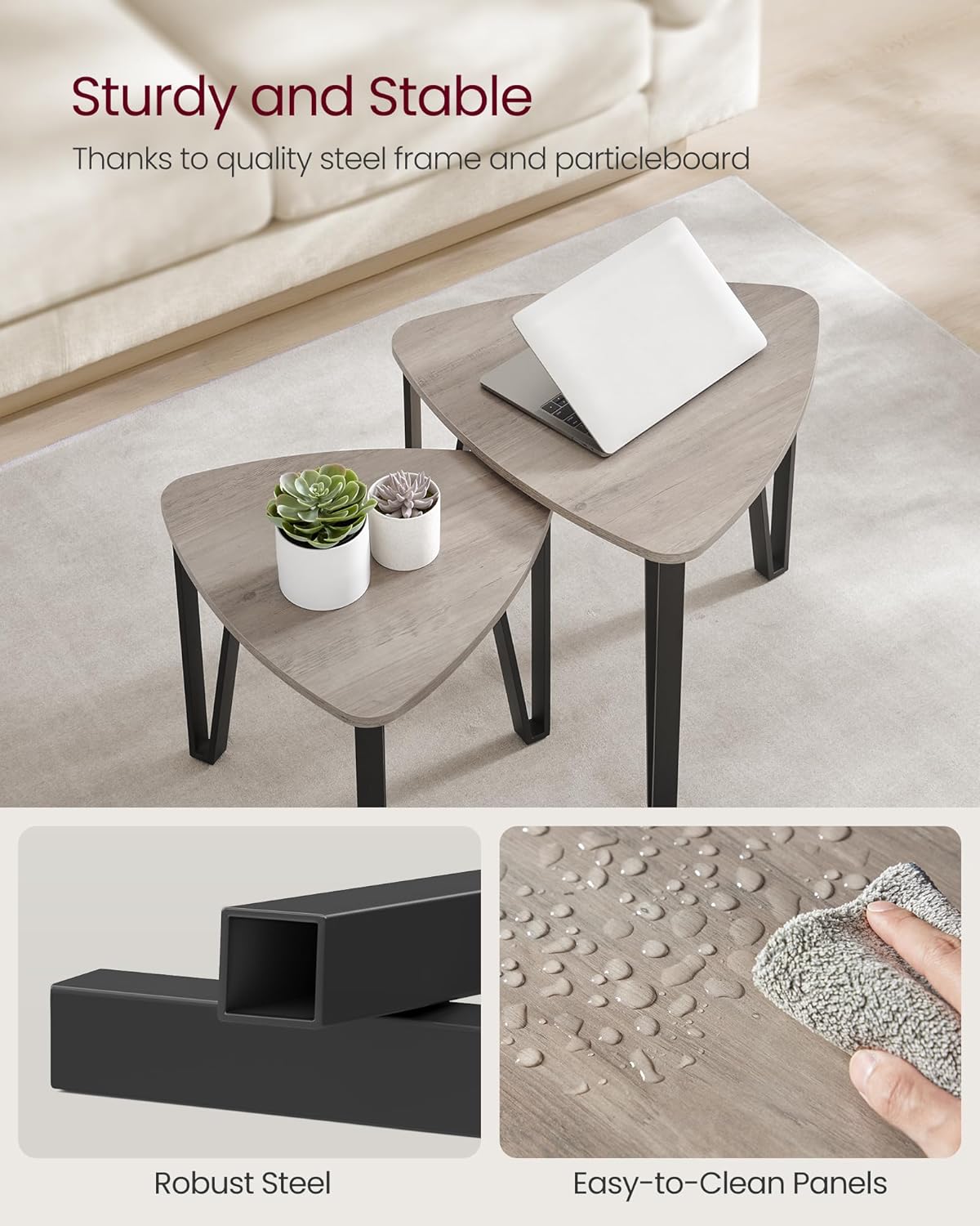 Nesting Triangle End Tables Set of 2, Industrial Coffee Tables and Accent Side Tables for Living Room and Bedroom - with Ebony Black | Sold by Uncle Wiener's Wholesale