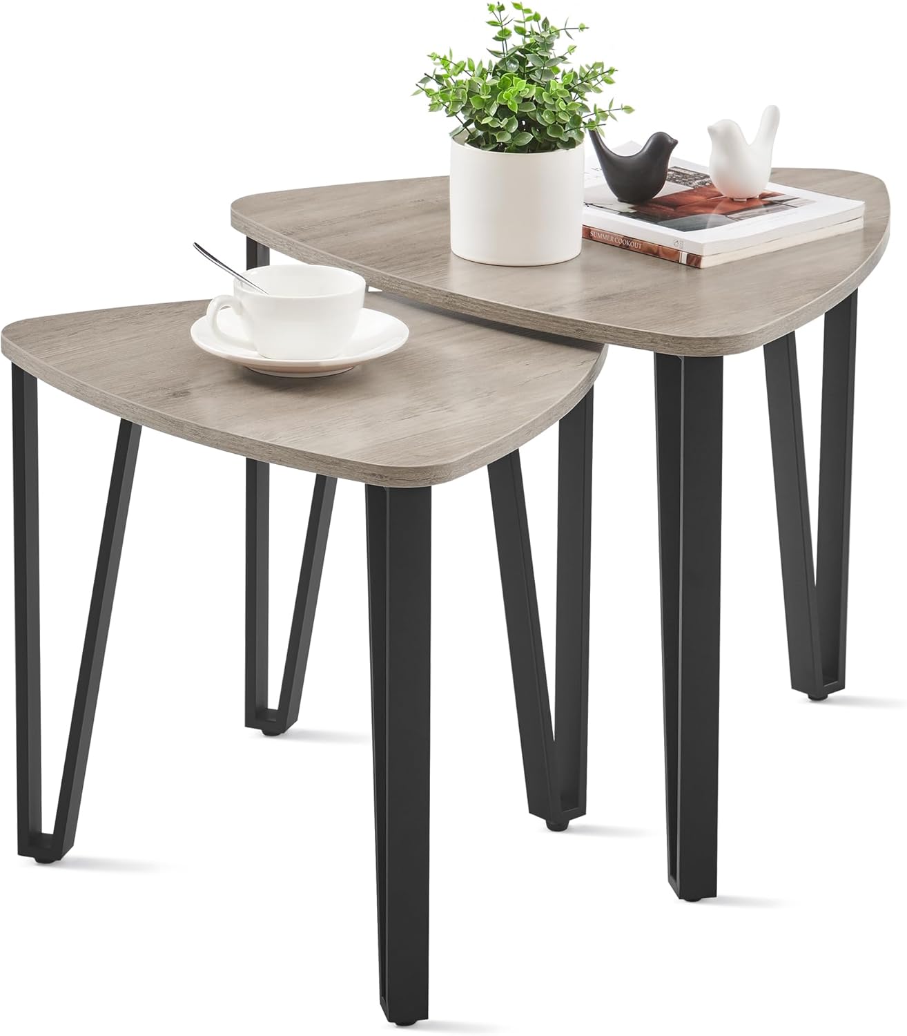 Nesting Triangle End Tables Set of 2, Industrial Coffee Tables and Accent Side Tables for Living Room and Bedroom - with Heather Greige and Black | Sold by Uncle Wiener's Wholesale