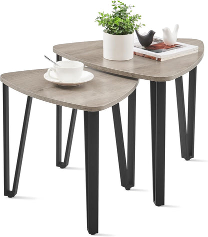 Nesting Triangle End Tables Set of 2, Industrial Coffee Tables and Accent Side Tables for Living Room and Bedroom - with Heather Greige and Black | Sold by Uncle Wiener's Wholesale