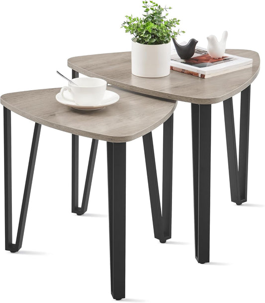 Nesting Triangle End Tables Set of 2, Industrial Coffee Tables and Accent Side Tables for Living Room and Bedroom - with Heather Greige and Black | Sold by Uncle Wiener's Wholesale