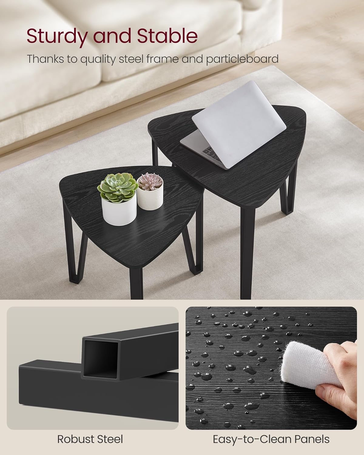 Nesting Triangle End Tables Set of 2, Industrial Coffee Tables and Accent Side Tables for Living Room and Bedroom - with Ebony Black | Sold by Uncle Wiener's Wholesale