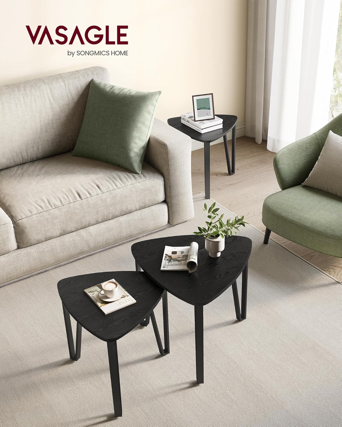 Nesting Triangle End Tables Set of 2, Industrial Coffee Tables and Accent Side Tables for Living Room and Bedroom - with Ebony Black | Sold by Uncle Wiener's Wholesale