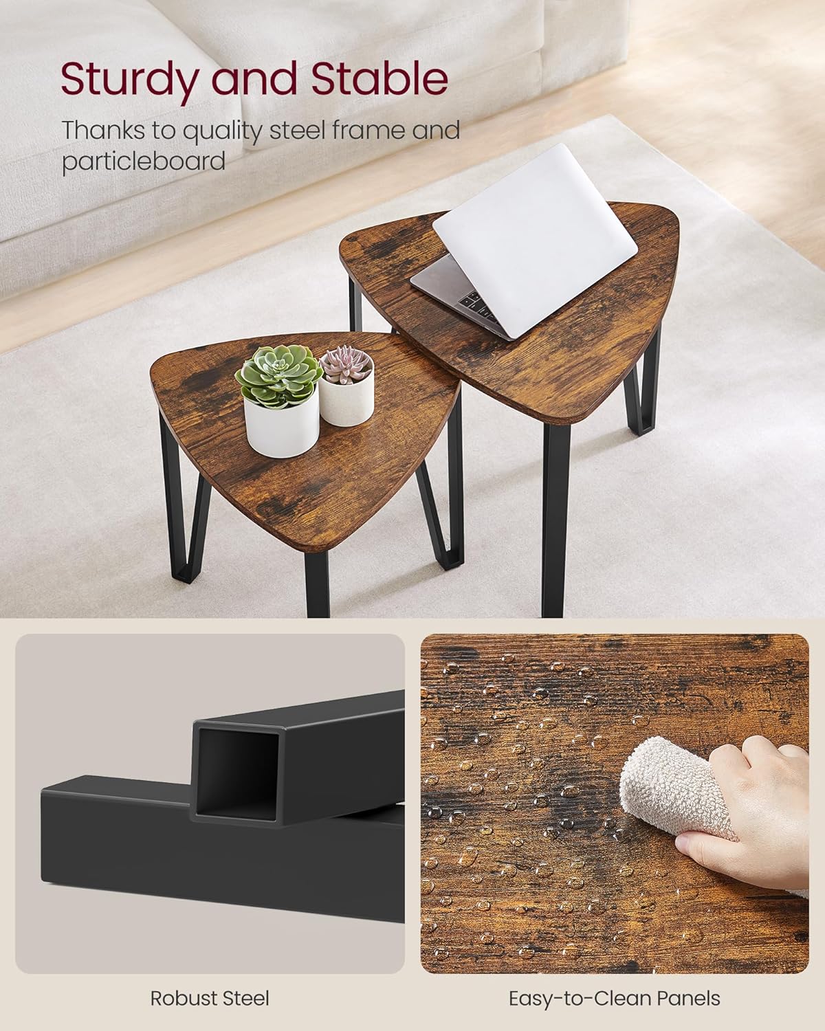 Nesting Triangle End Tables Set of 2, Industrial Coffee Tables and Accent Side Tables for Living Room and Bedroom - with Ebony Black | Sold by Uncle Wiener's Wholesale