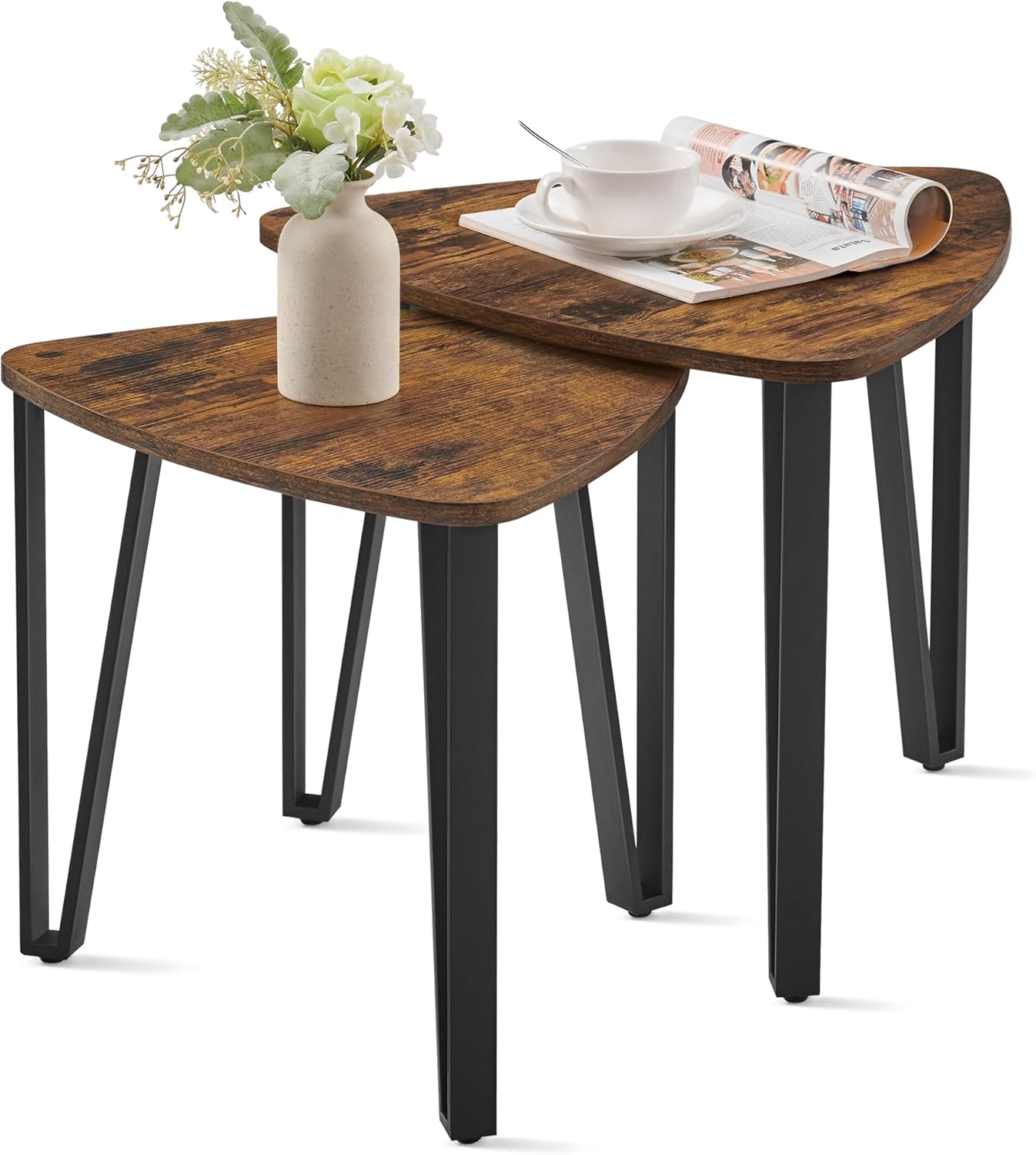 Nesting Triangle End Tables Set of 2, Industrial Coffee Tables and Accent Side Tables for Living Room and Bedroom - with Rustic Brown and Black | Sold by Uncle Wiener's Wholesale