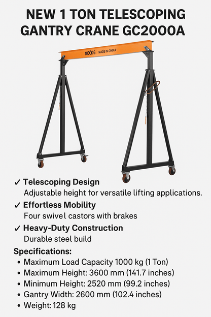 Adjustable Gantry Crane 1 Ton Model GC2000A

Portable Gantry Crane with Telescoping Steel Frame

Workshop Gantry Crane with Locking Swivel Casters

2 Ton Telescoping Gantry Crane GC4000A Heavy Duty


