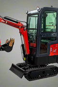 1 Ton Mini Excavator with red exterior and enclosed cab

Excavator attachments: auger, rake, ripper tooth

Briggs & Stratton engine close-up in compact excavator

Compact excavator operating on residential job site

Interior view of enclosed cab on mini excavator