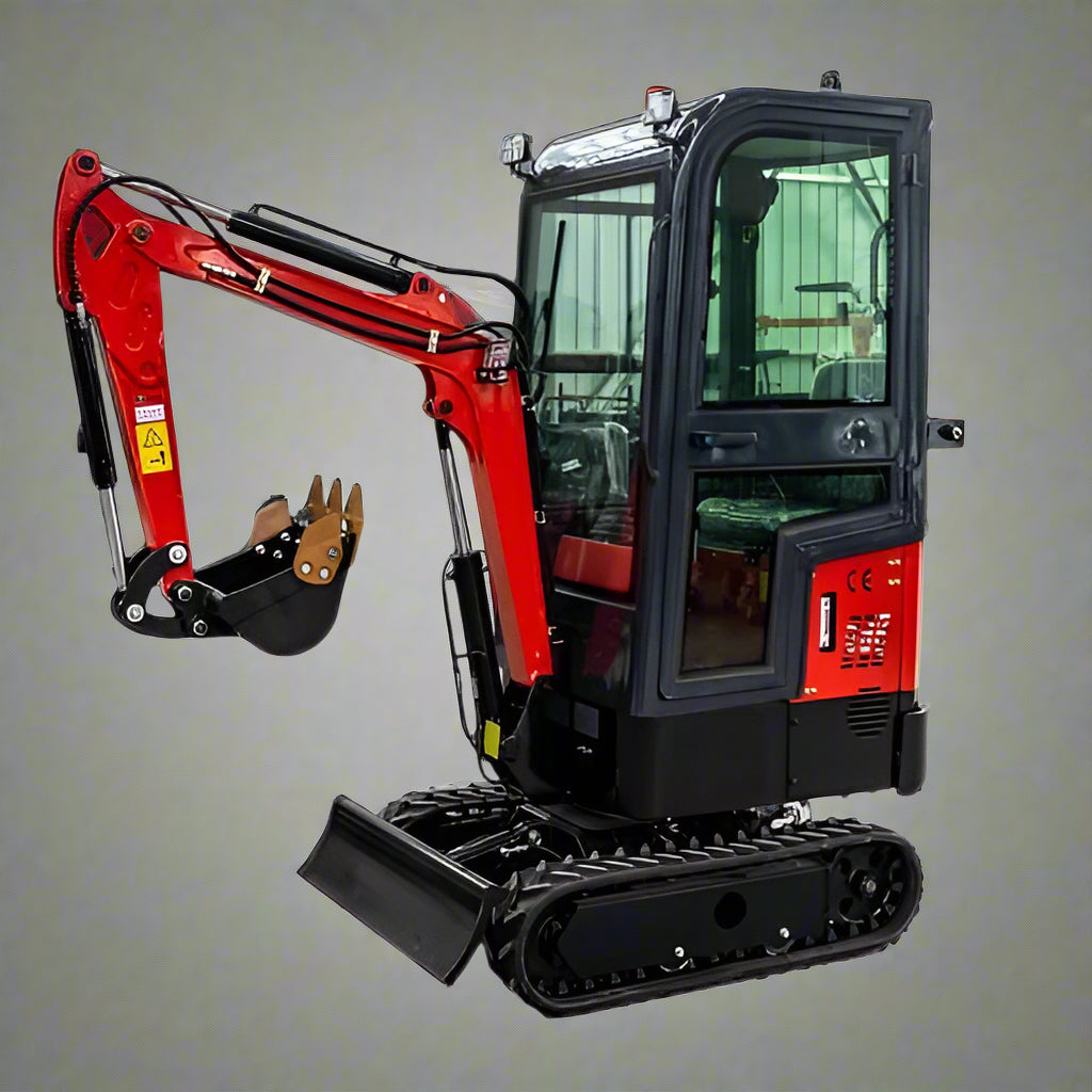 1 Ton Mini Excavator with red exterior and enclosed cab

Excavator attachments: auger, rake, ripper tooth

Briggs & Stratton engine close-up in compact excavator

Compact excavator operating on residential job site

Interior view of enclosed cab on mini excavator
