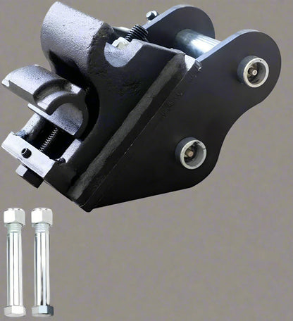 1 Ton Mini Excavator with red exterior and enclosed cab

Excavator attachments: auger, rake, ripper tooth

Briggs & Stratton engine close-up in compact excavator

Compact excavator operating on residential job site

Interior view of enclosed cab on mini excavator