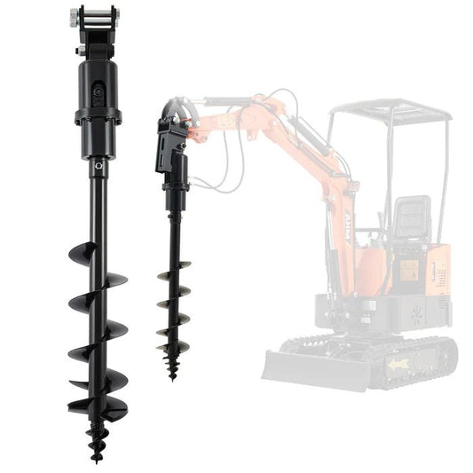 1 Ton Mini Excavator with red exterior and enclosed cab

Excavator attachments: auger, rake, ripper tooth

Briggs & Stratton engine close-up in compact excavator

Compact excavator operating on residential job site

Interior view of enclosed cab on mini excavator