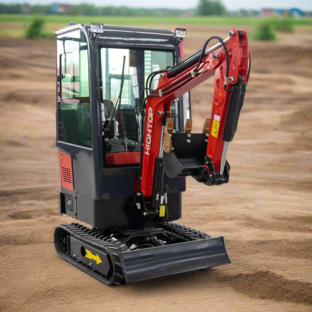 1 Ton Mini Excavator with red exterior and enclosed cab

Excavator attachments: auger, rake, ripper tooth

Briggs & Stratton engine close-up in compact excavator

Compact excavator operating on residential job site

Interior view of enclosed cab on mini excavator