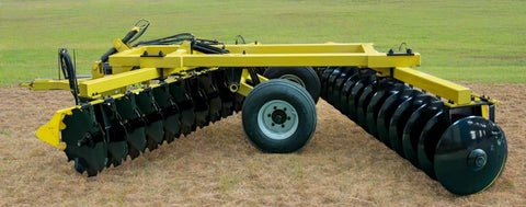 Yellow 10 ft offset disc harrow on field-ready tires
Side profile of 14 ft hydraulic disc harrow with black frame
17 ft disc harrow for large-scale farming operations
Rear angle of disc harrow showing disc blade spacing
Overhead view of disc harrow attachment connected to tractor