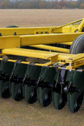 Yellow 10 ft offset disc harrow on field-ready tires
Side profile of 14 ft hydraulic disc harrow with black frame
17 ft disc harrow for large-scale farming operations
Rear angle of disc harrow showing disc blade spacing
Overhead view of disc harrow attachment connected to tractor