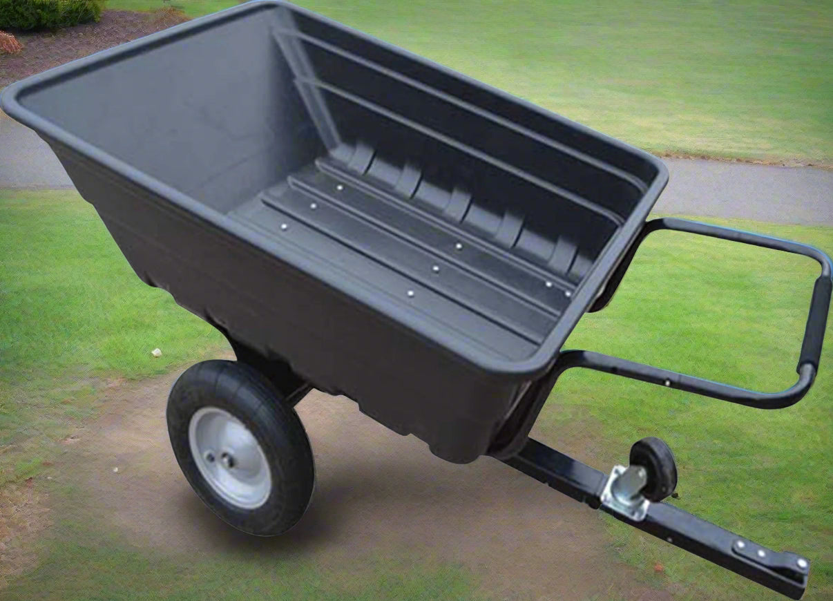 10 cu ft black poly ATV dump cart with 650 lb capacity and pneumatic tires – heavy-duty garden and lawn mower utility trailer