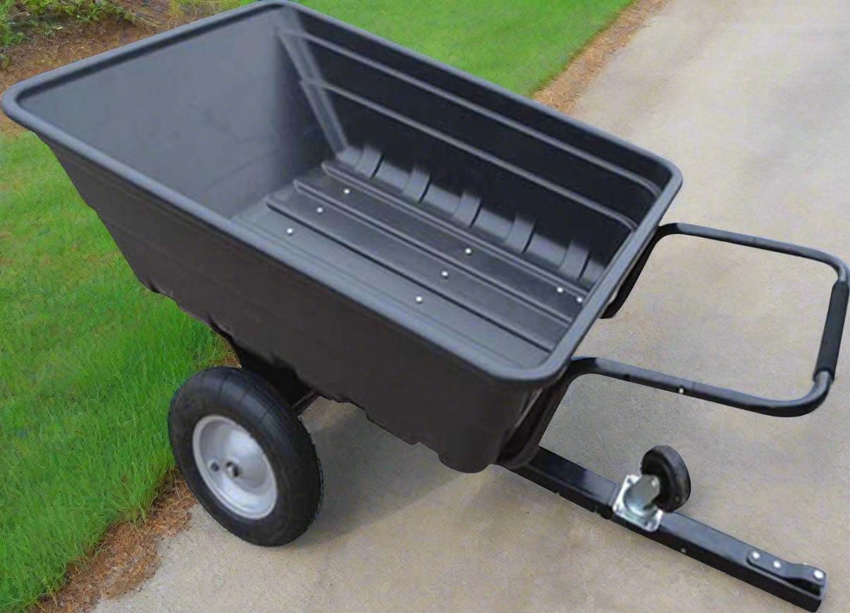10 cu ft black poly ATV dump cart with 650 lb capacity and pneumatic tires – heavy-duty garden and lawn mower utility trailer