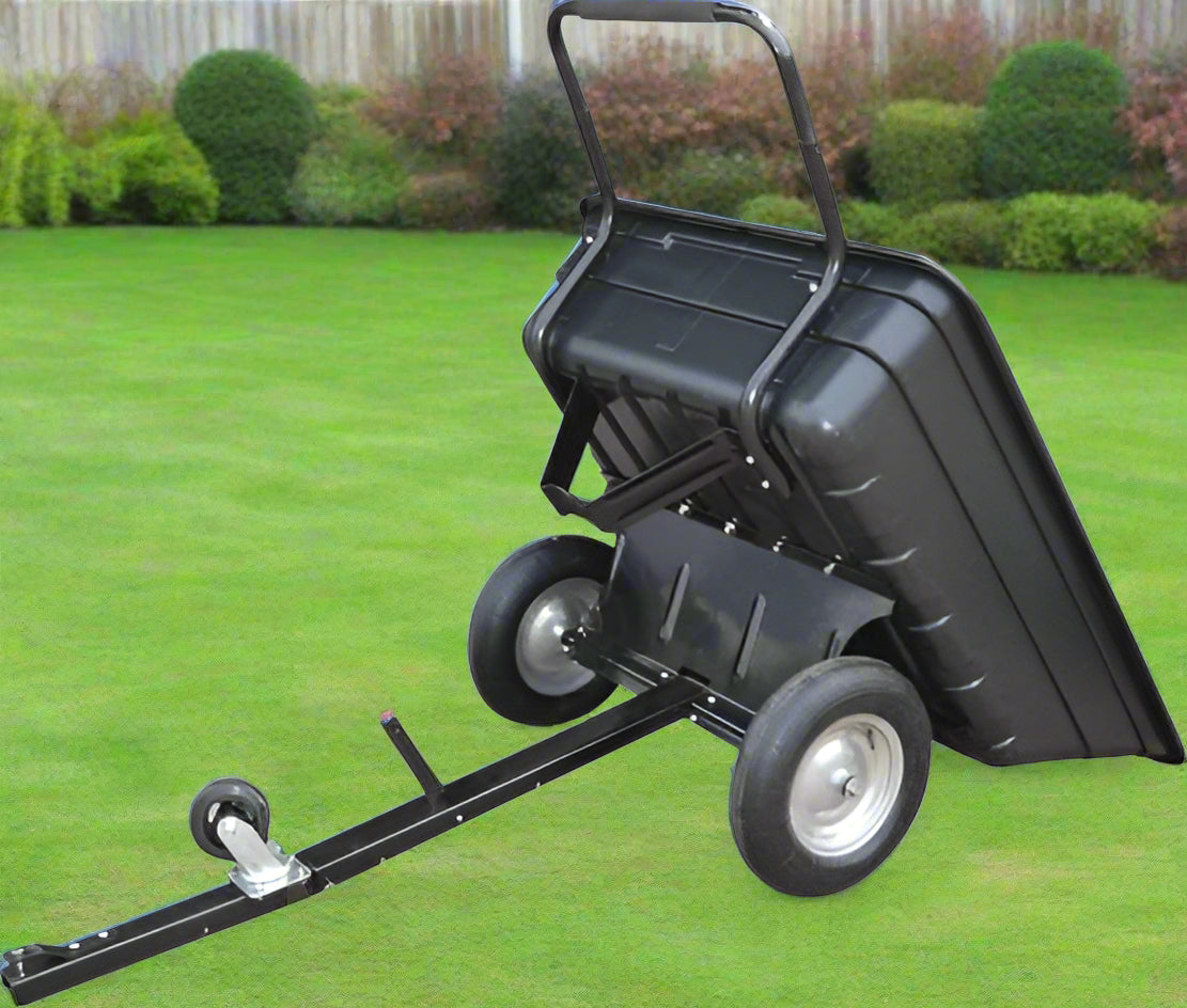 10 cu ft black poly ATV dump cart with 650 lb capacity and pneumatic tires – heavy-duty garden and lawn mower utility trailer