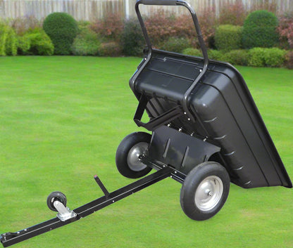 10 cu ft black poly ATV dump cart with 650 lb capacity and pneumatic tires – heavy-duty garden and lawn mower utility trailer