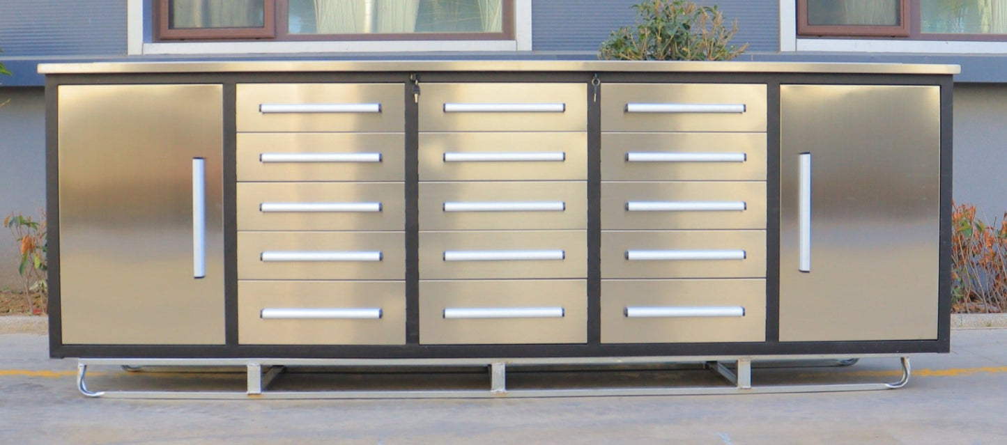 NEW 10 FT HEAVY DUTY STEEL WORK BENCH 35 , 25 , 20 & 15 DRAWER - with 15 Drawer + 2 Cabinet Drawer Stainless | Sold by Uncle Wiener's Wholesale