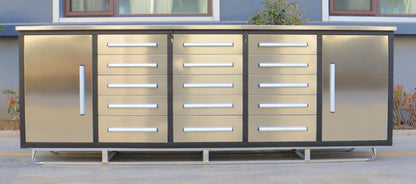 NEW 10 FT HEAVY DUTY STEEL WORK BENCH 35 , 25 , 20 & 15 DRAWER - with 15 Drawer + 2 Cabinet Drawer Stainless | Sold by Uncle Wiener's Wholesale