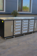 NEW 10 FT HEAVY DUTY STEEL WORK BENCH 35 , 25 , 20 & 15 DRAWER - with 15 Drawer + 2 Cabinet Drawer Stainless | Sold by Uncle Wiener's Wholesale