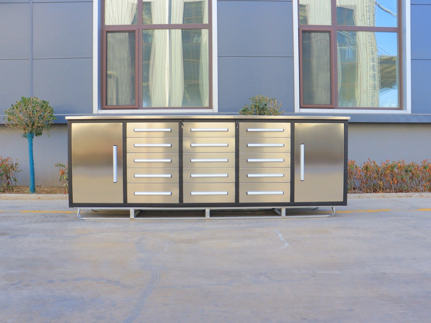 NEW 10 FT HEAVY DUTY STEEL WORK BENCH 35 , 25 , 20 & 15 DRAWER - with 15 Drawer + 2 Cabinet Drawer Stainless | Sold by Uncle Wiener's Wholesale